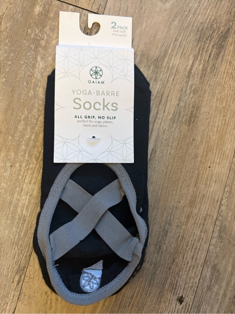 GAIAM Black Yoga-Barre Grip Socks with Gray Crisscross Straps